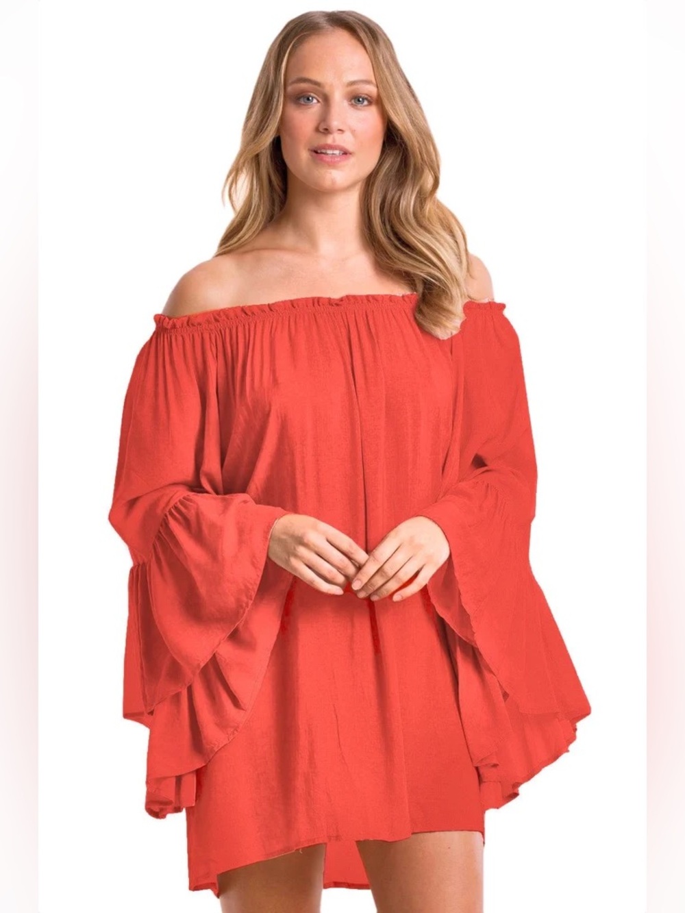 Elan Bell Sleeve Off Shoulder Orange Tunic, O/S